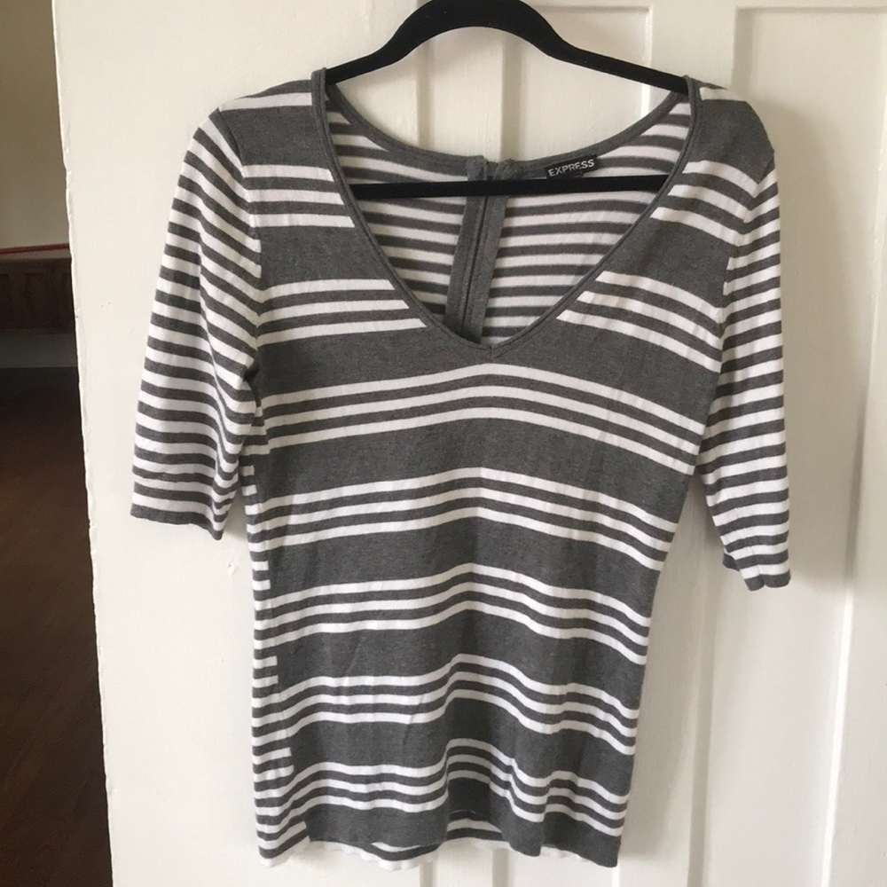 Express grey striped v neck sweater w/ back zipper